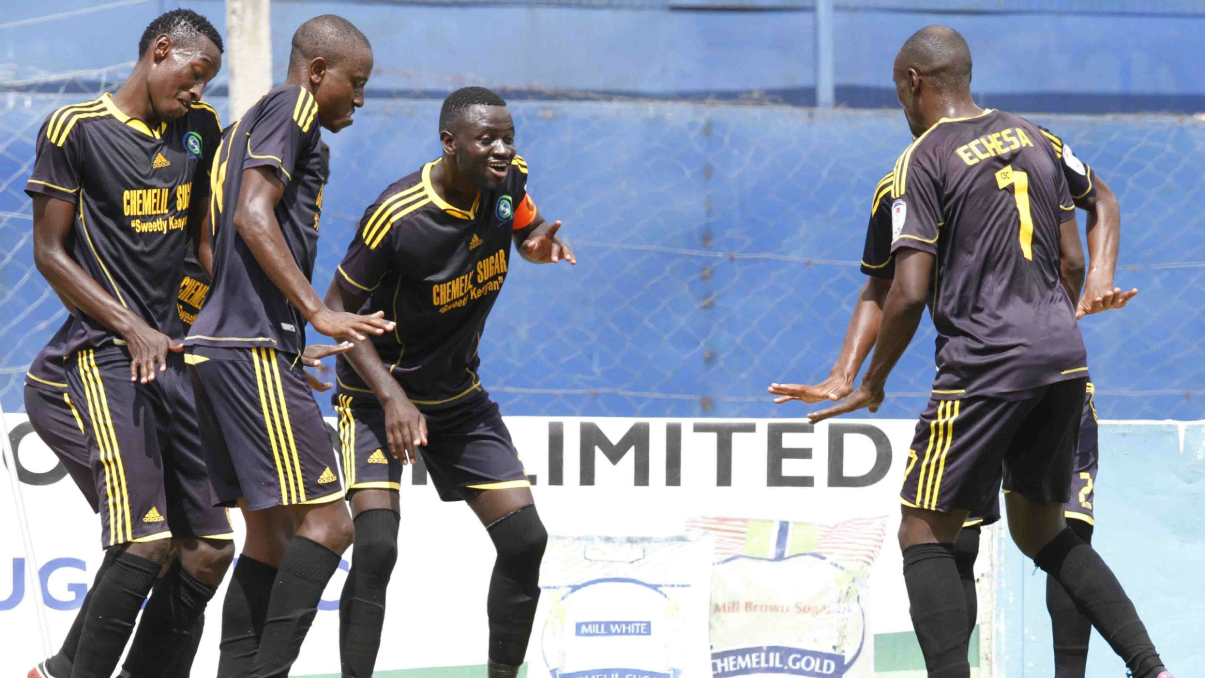Chemelil players celebrate Erastus Mwaniki goal.