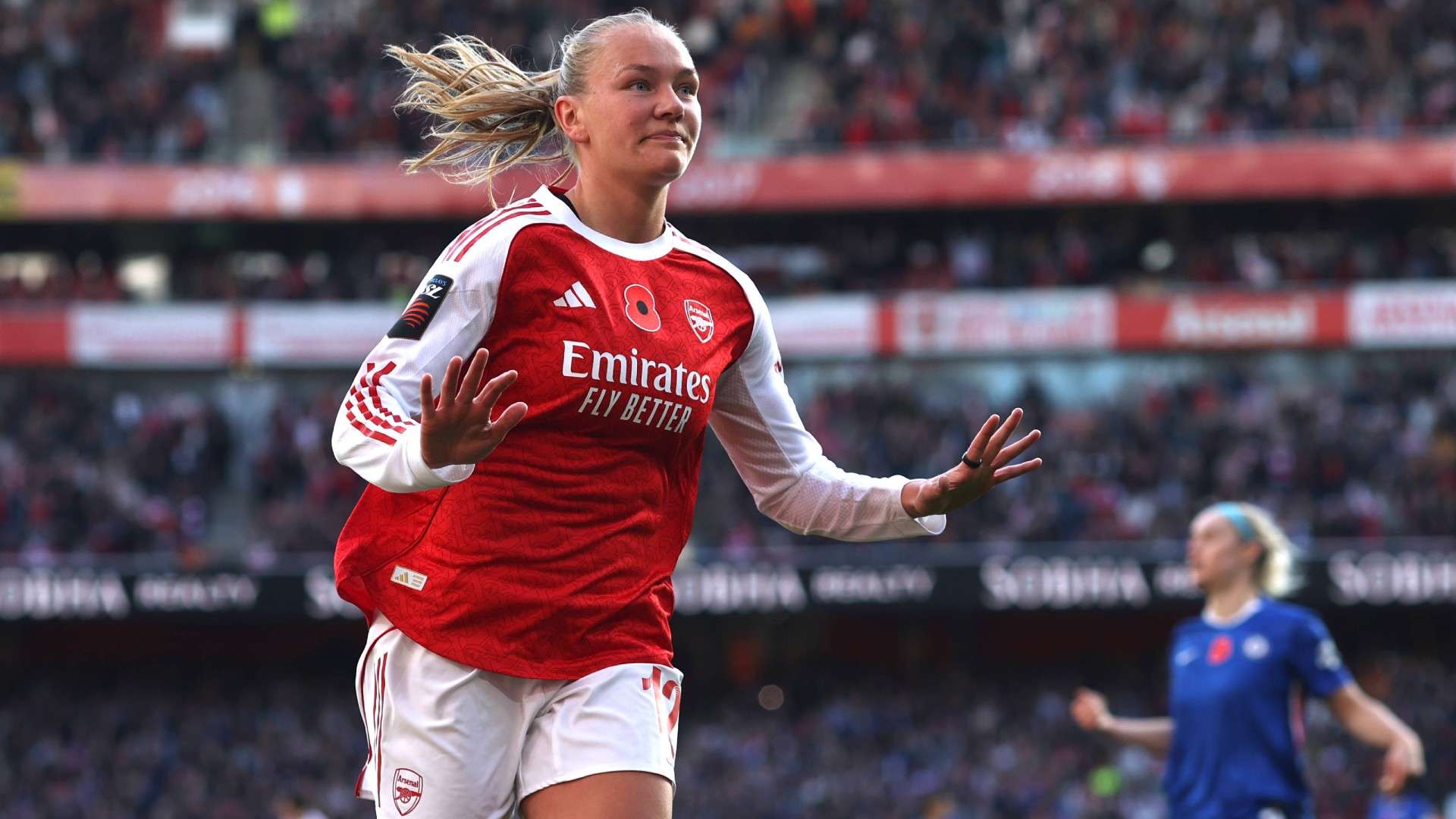 Frida Maanum of Arsenal celebrates but her goal was disallowed