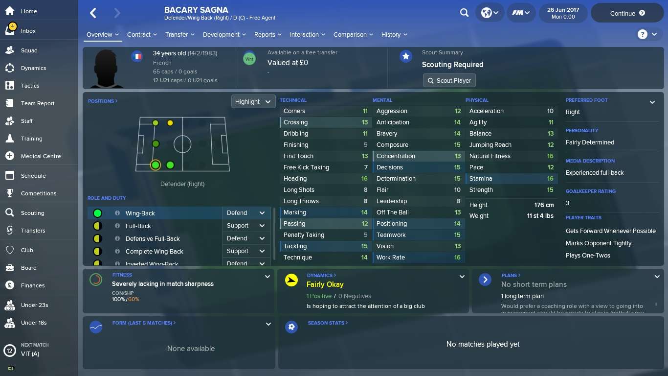 Football Manager 2018 Bacary Sagna