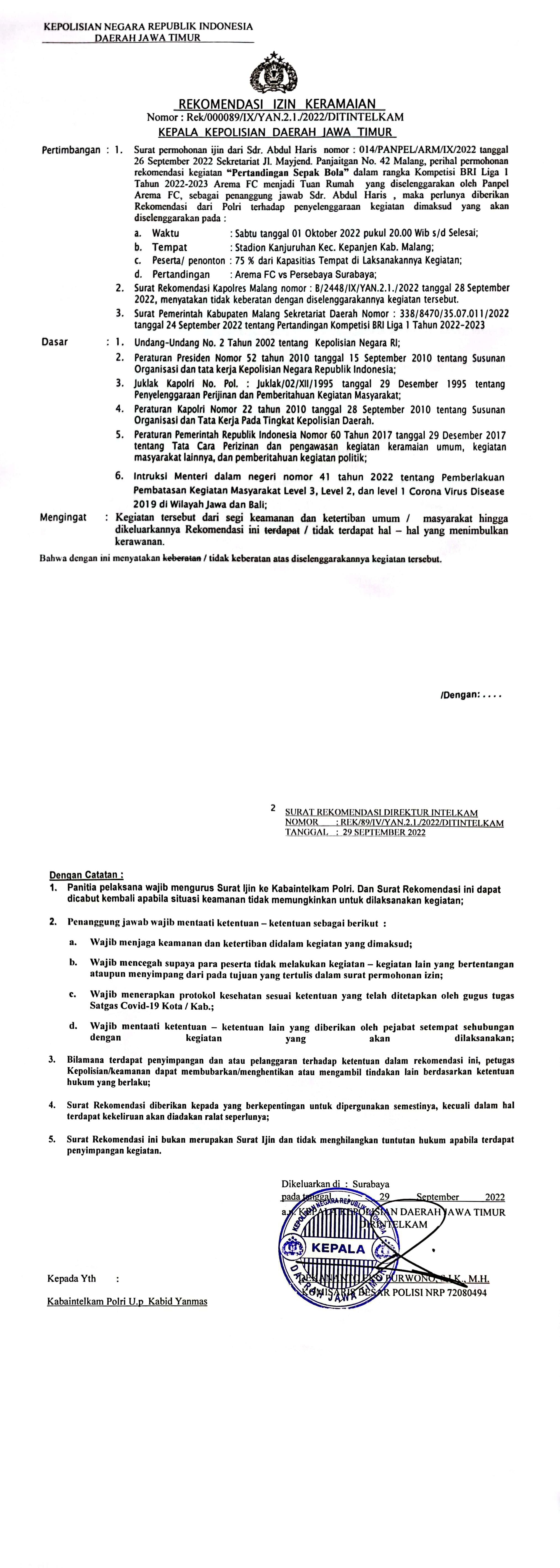 Rekomendasi Izin Keramaian Arema FC vs Persebaya Surabaya