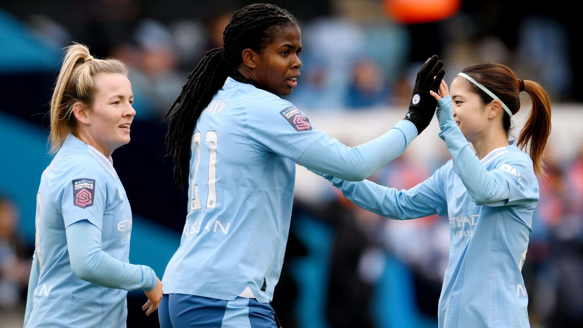 Khadija Shaw celebrates scoring Man City women's opener against Everton 2023-24