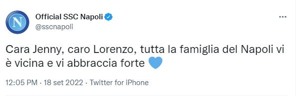 SSC Napoli tweet for Lorenzo Insigne and wife Jenny Darone