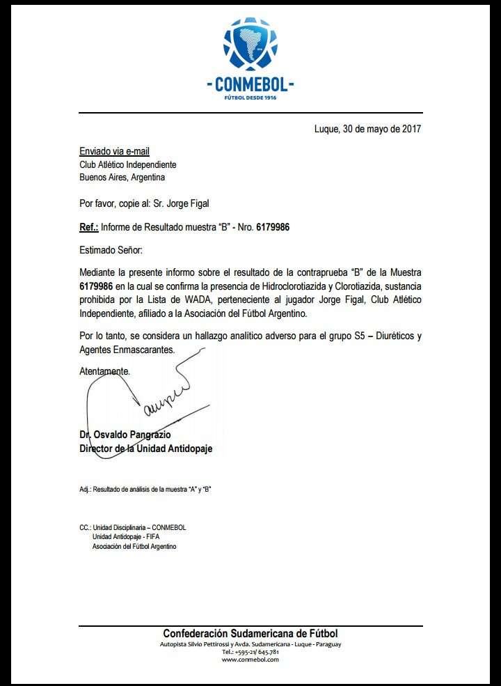 Comunicado Conmebol contraprueba Nicolas Figal Independiente 30052017