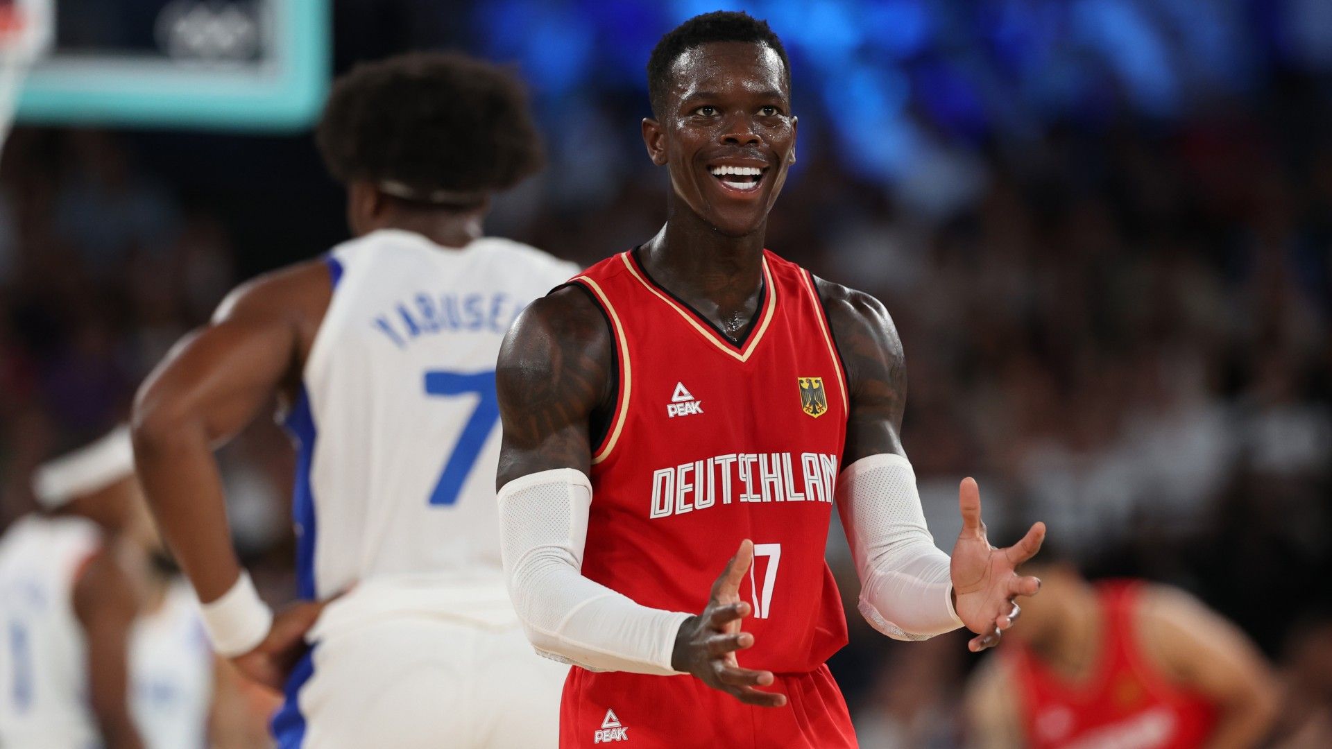 Dennis Schroder #17 of Team Germany reacts