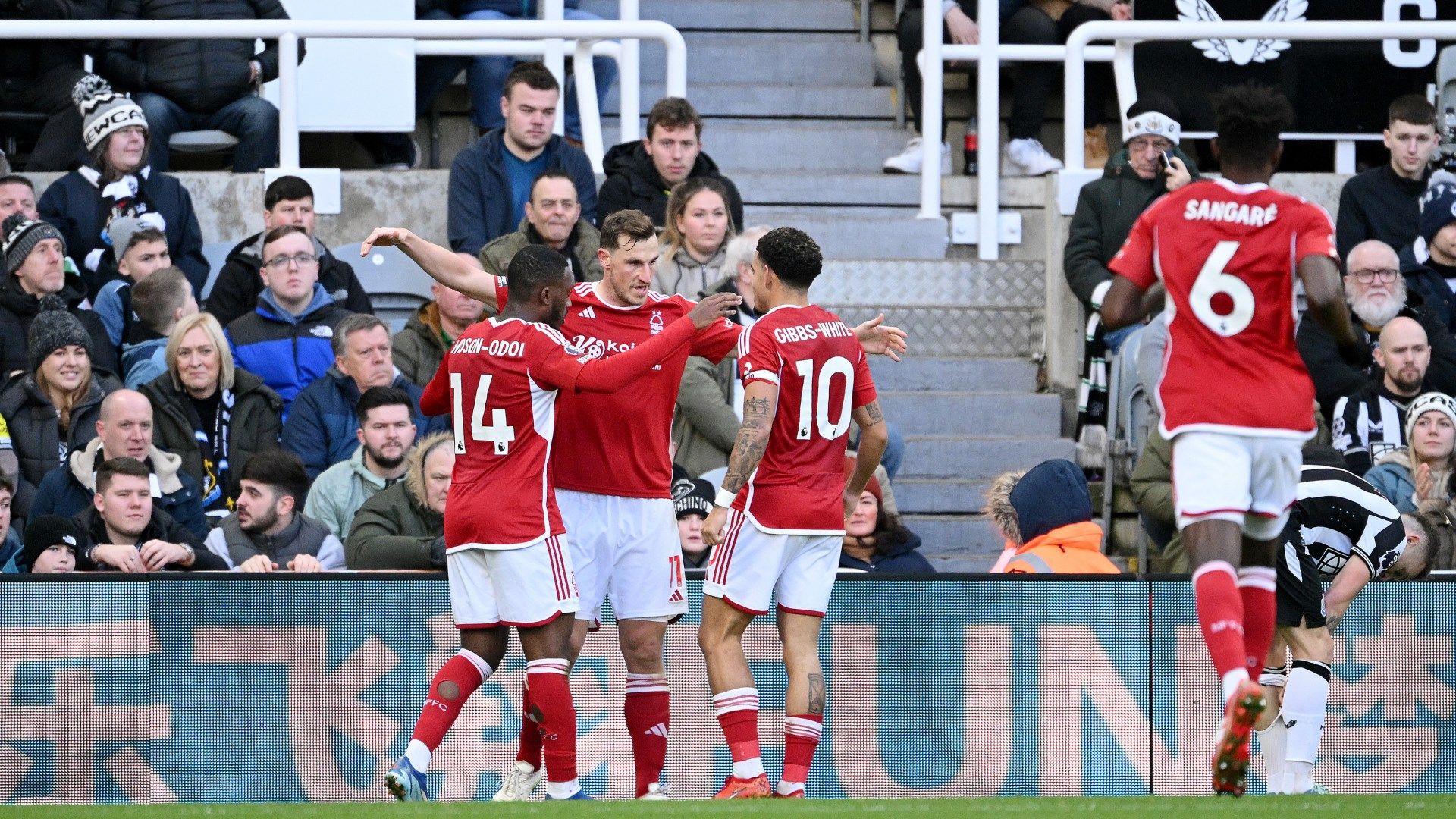 Nottingham Forest celebrating Chris Wood goal against Newcastle 2023-24