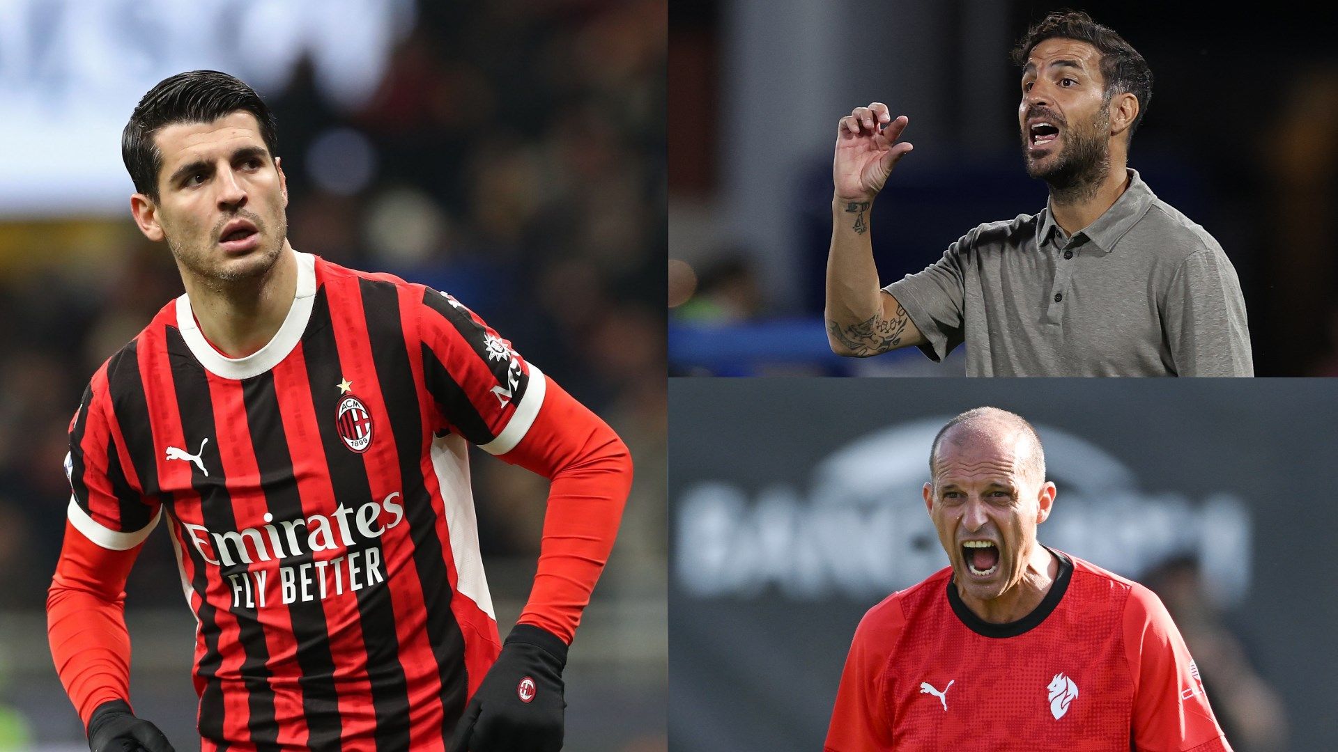 Alvaro Morata, Cesc Fabregas and Massimiliano Allegri