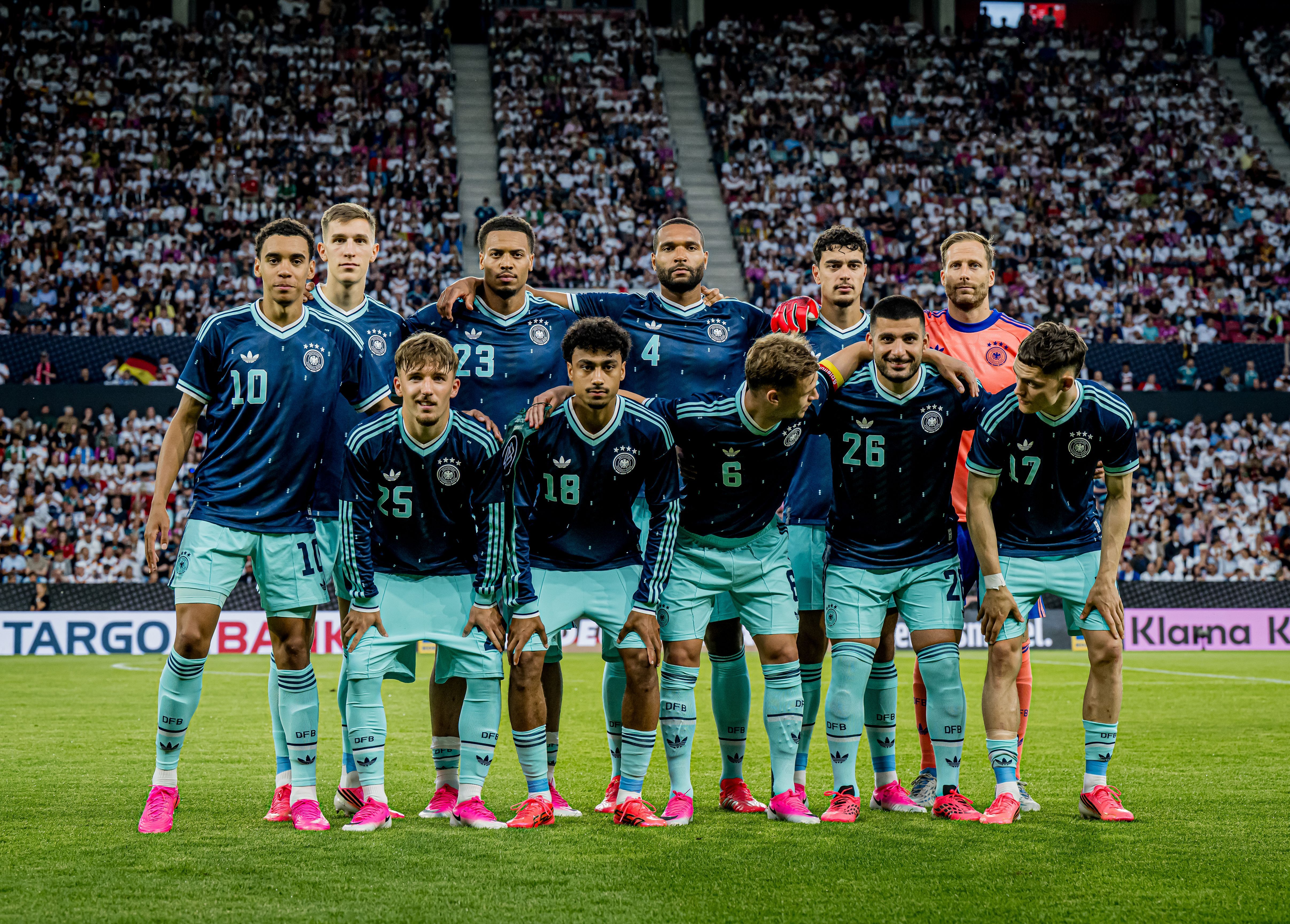 MAINZ, GERMANY - MAY 31: Starting lineup of Germany with Jamal Musiala, Nico Schlotterbeck, Felix Nmecha, Jonathan Tah, Aleksandar Pavlovic, Oliver Baumann, Lennart Karl, Nathaniel Brown, Joshua Kimmich, Deniz Undav and Florian Wirtz during the international friendly match between Germany and Finland at MEWA Arena on May 31, 2026 in Mainz, Germany. (Photo by Helge Prang - GES Sportfoto/Getty Images)