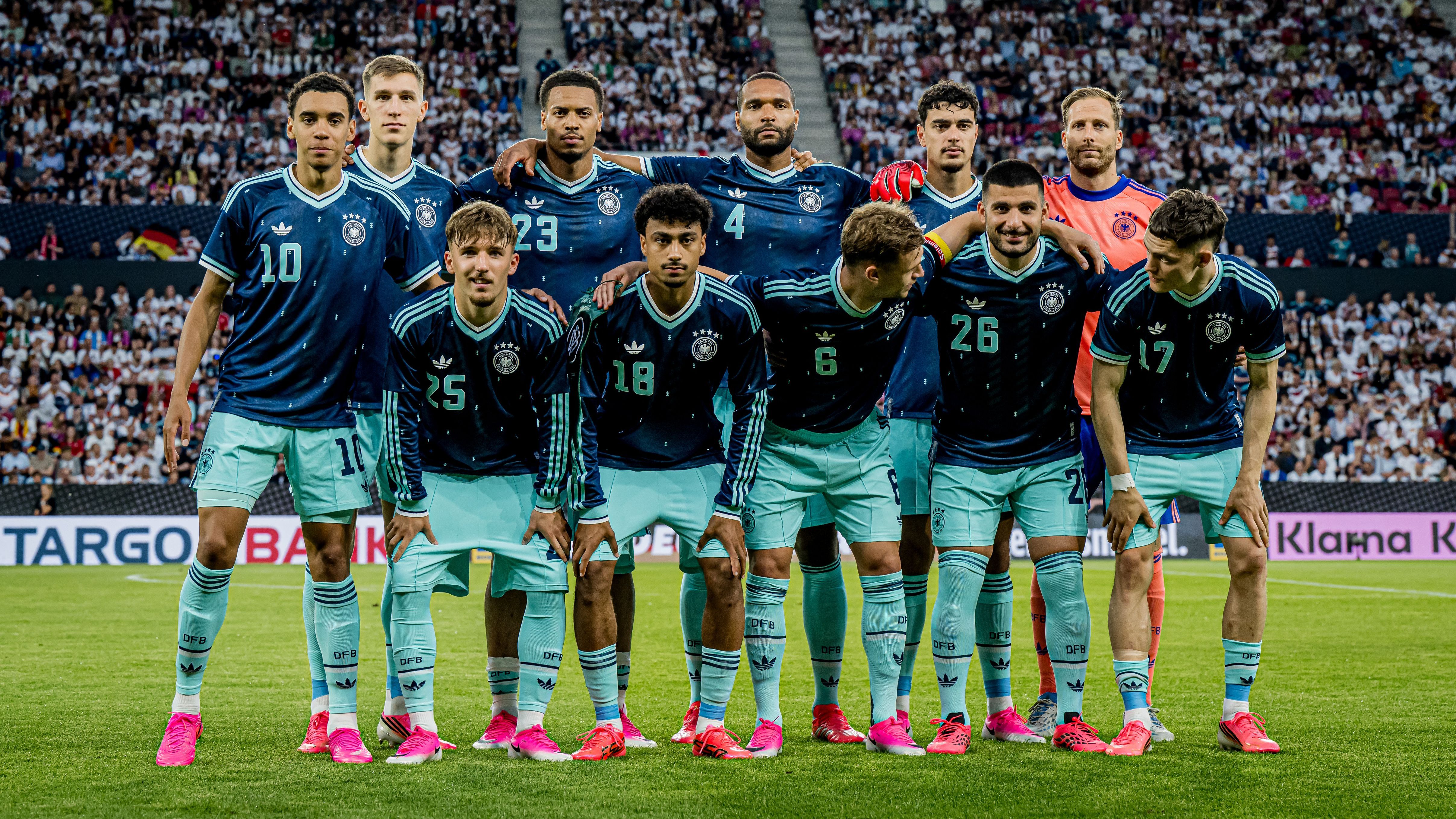 MAINZ, GERMANY - MAY 31: Starting lineup of Germany with Jamal Musiala, Nico Schlotterbeck, Felix Nmecha, Jonathan Tah, Aleksandar Pavlovic, Oliver Baumann, Lennart Karl, Nathaniel Brown, Joshua Kimmich, Deniz Undav and Florian Wirtz during the international friendly match between Germany and Finland at MEWA Arena on May 31, 2026 in Mainz, Germany. (Photo by Helge Prang - GES Sportfoto/Getty Images)