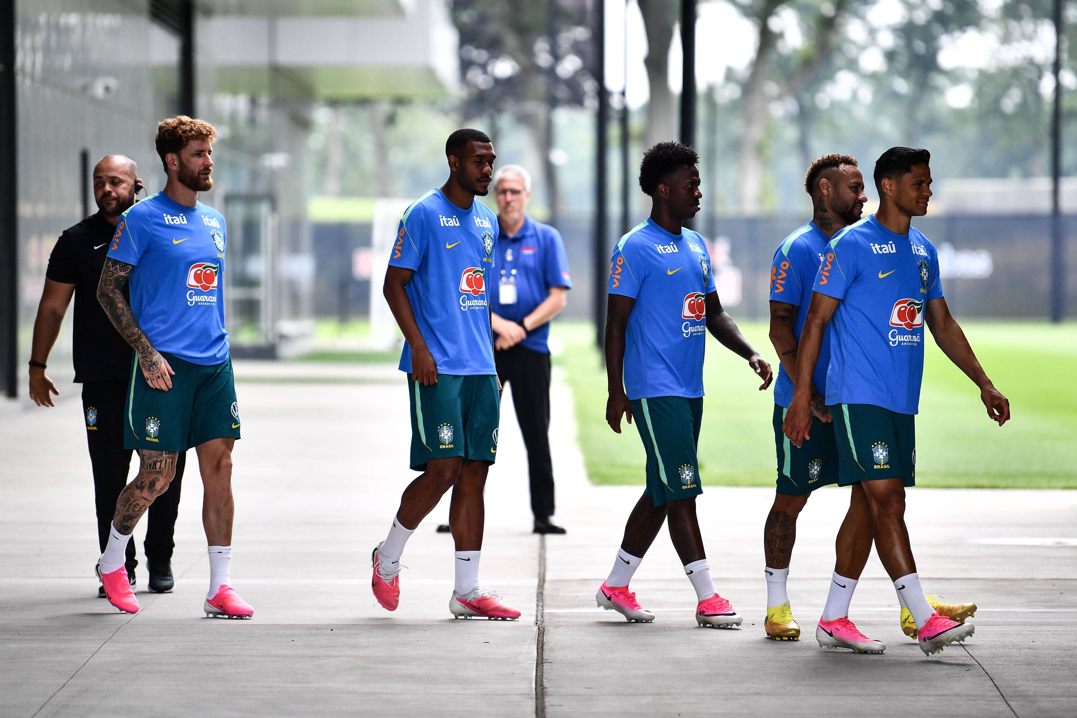 Leo Pereira, Rayan, Vini Jr, Neymar and Douglas Santos enter training at their New Jersey base the Columbia Park Training Facility in Morristown, NJ, United States. (Photo by Rebekah Wynkoop SPP) Copyright: xRebekahxWynkoop SPPx Sportspressphoto_SPR177442