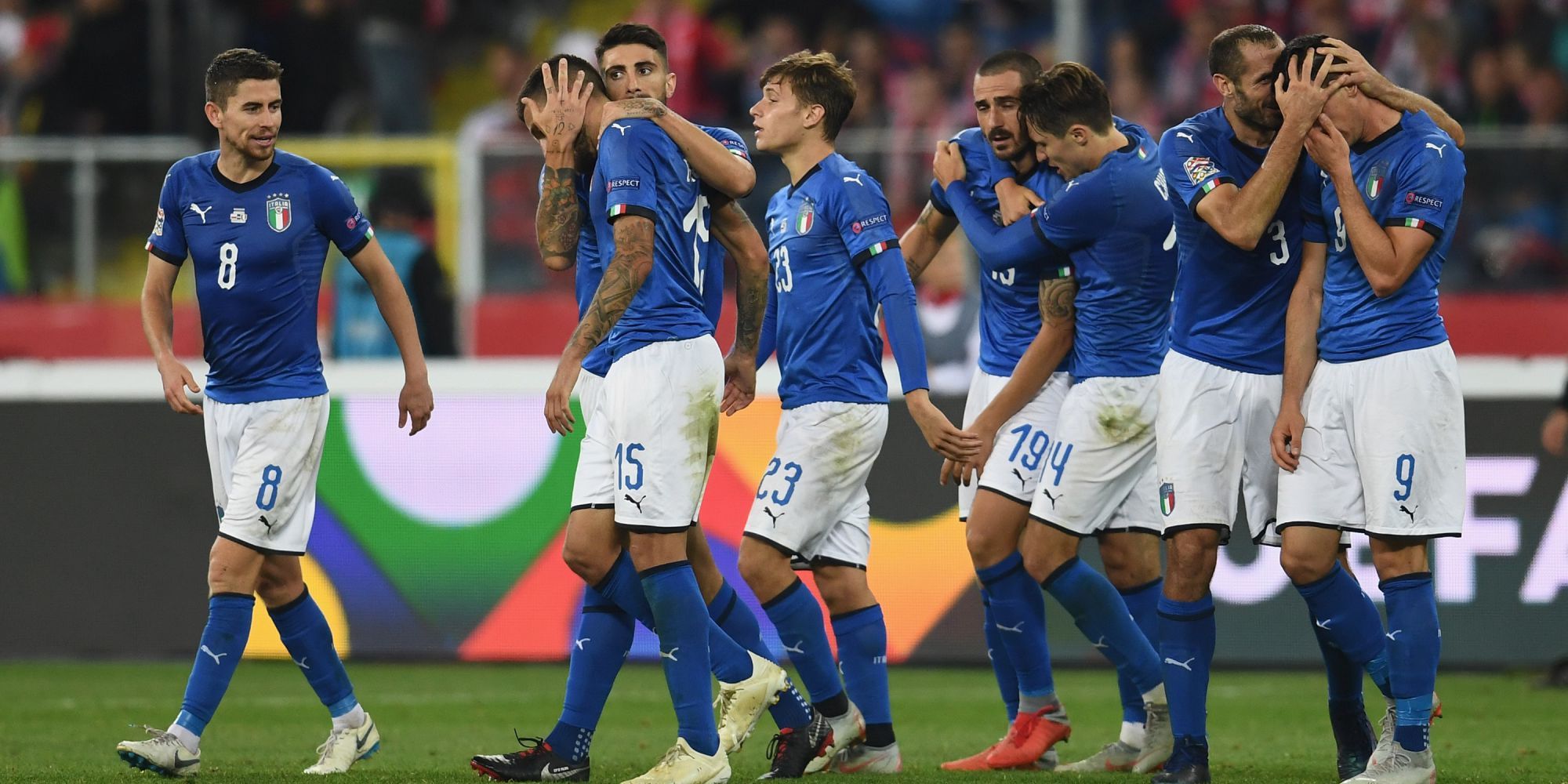Italian players celebrating Poland Italy UEFA Nations League