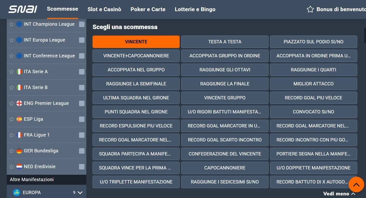  snai mondiali antepost