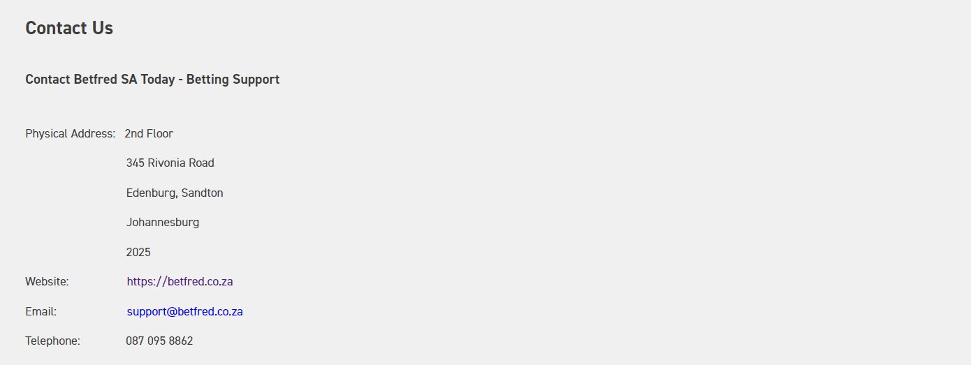 Betfred South Africa contact details screenshot