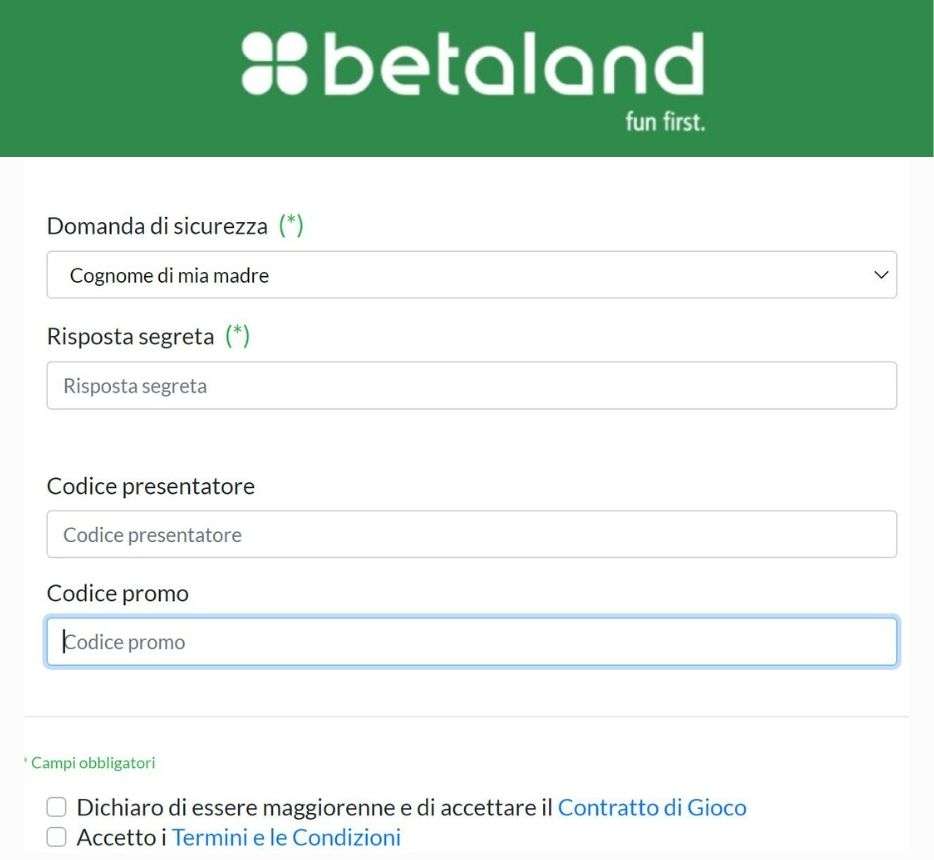 betaland formulario registrazione codice promozionale