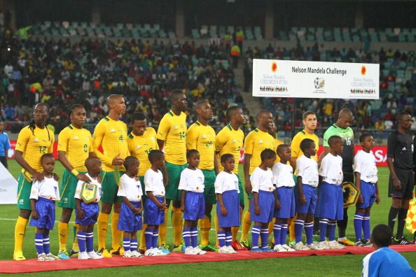 South Africa players line up on the pitch before the start of the 2013 Nelson Mandela Challenge
