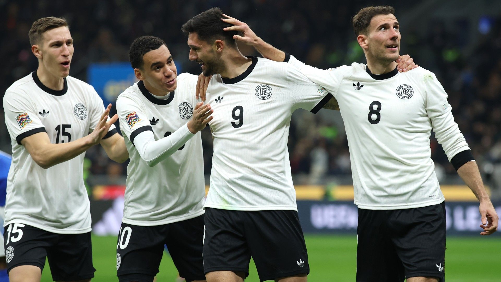Tim Kleindienst of Germany celebrates scoring his team's first goal with teammates Nico Schlotterbeck, Jamal Musiala and Leon Goretzka 