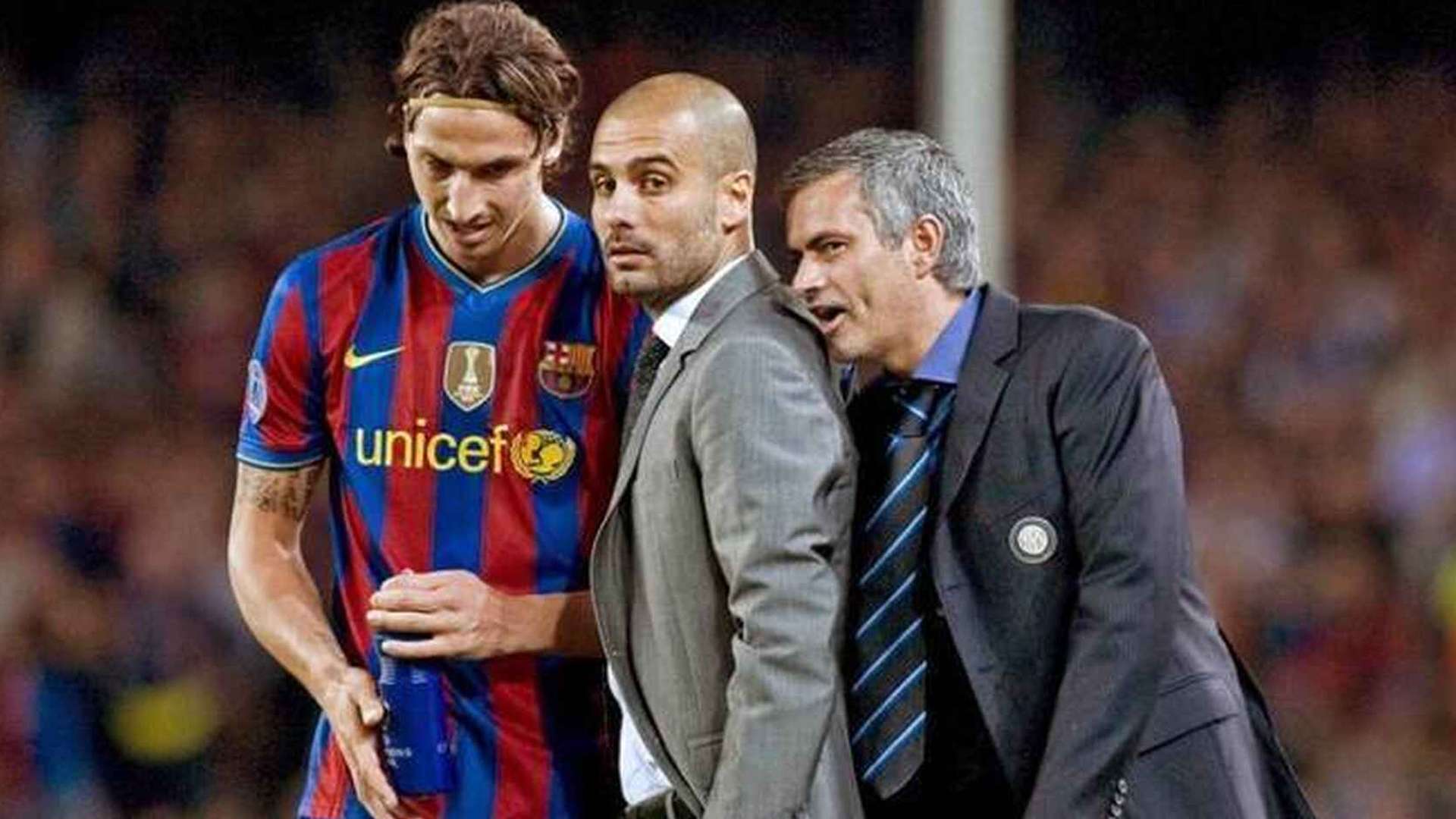 Ibrahimovic y Guardiola (Barcelona) con Mourinho (Inter)