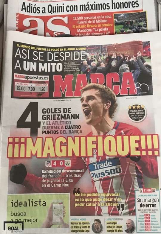 1일(현지시간) 스페인 신문 마르카 1면을 장식한 앙투완 그리즈만. 사진=골닷컴 이하영 에디터
