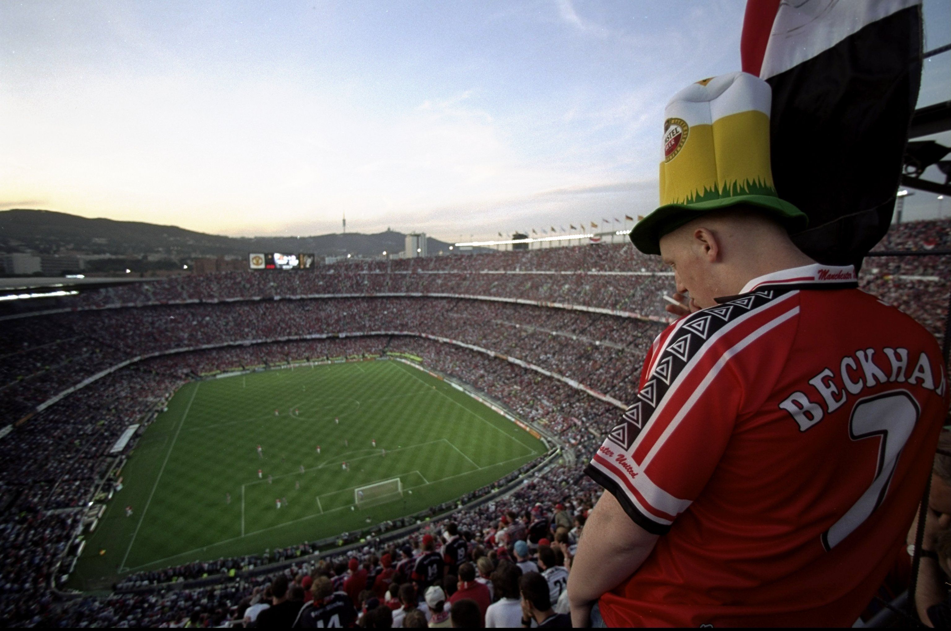 A Manchester United fan watches play in the European Champions League Final against Bayern Munich in the Nou Camp stadium in Barcelona