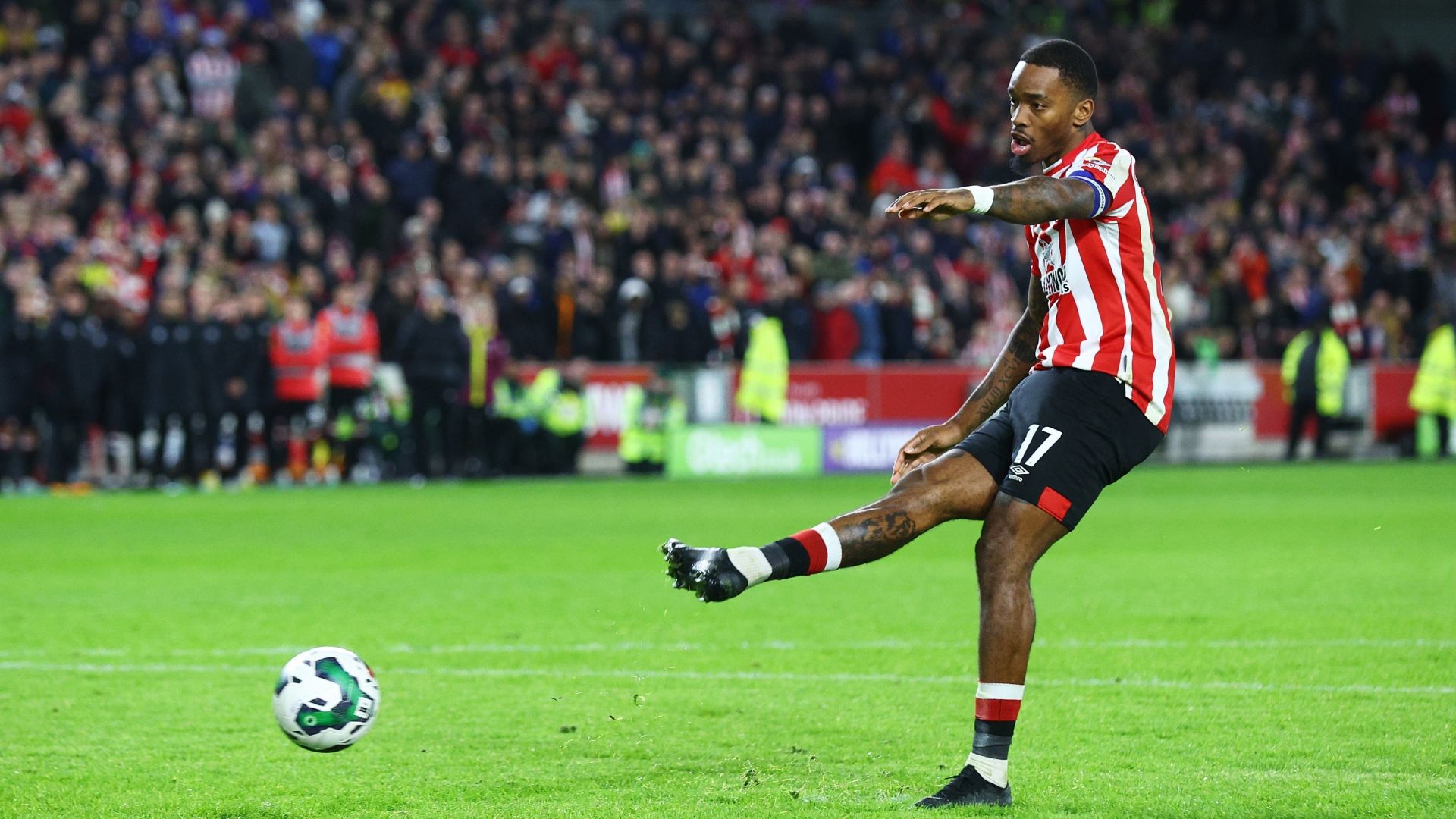 Ivan Toney scores a penalty for Brentford against Gillingham in 2022