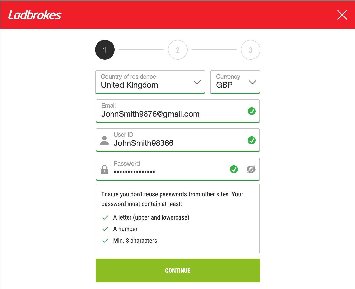 Ladbrokes sign up page