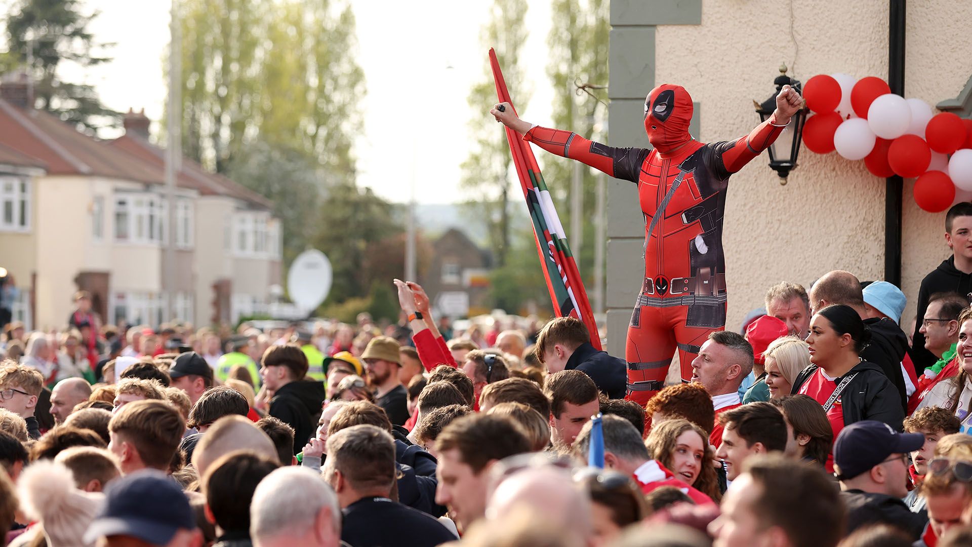 Deadpool outfit Wrexham parade 2023