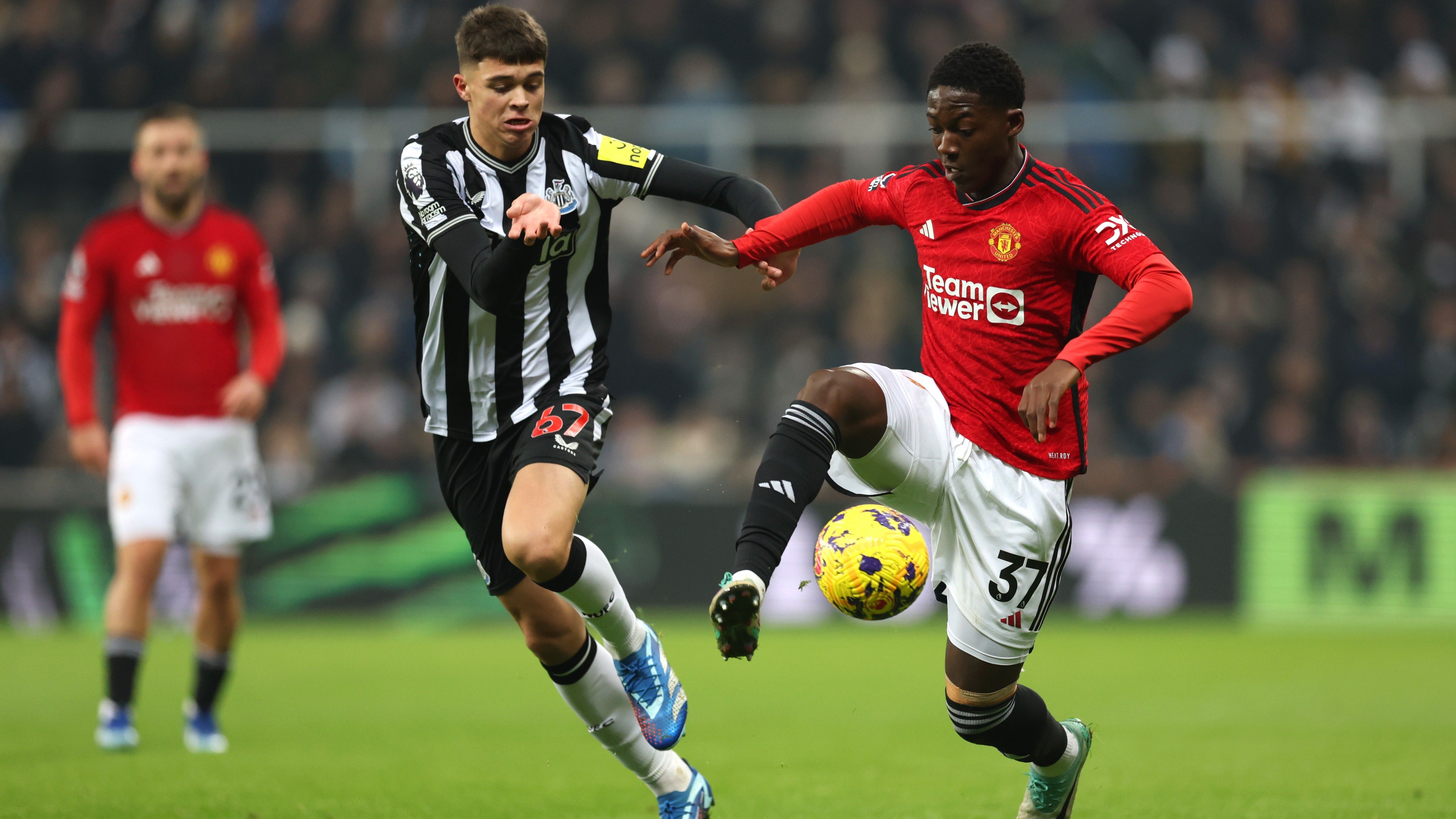 Kobbie Mainoo of Manchester United Lewis Miley Newcastle United