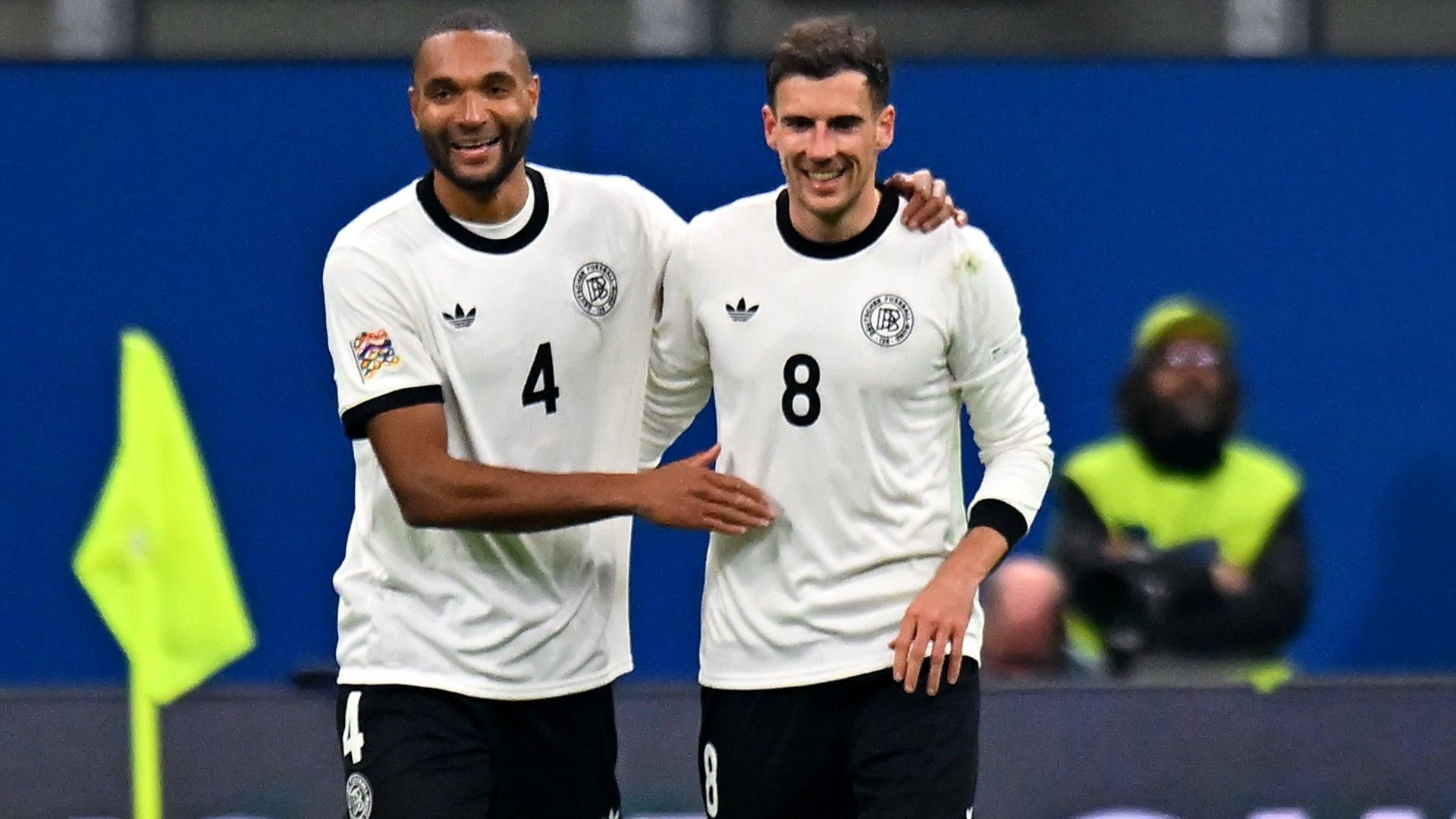 Leon Goretzka of Germany celebrates scoring his team's second goal with teammate Jonathan Tah 