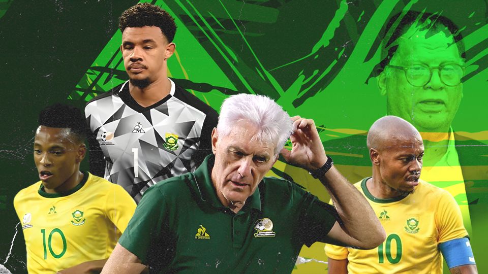 Hugo Broos, Percy Tau, Relebohile Mofokeng, Ronwen Williams of Bafana Bafana and Safa President Dr.Danny Jordaan