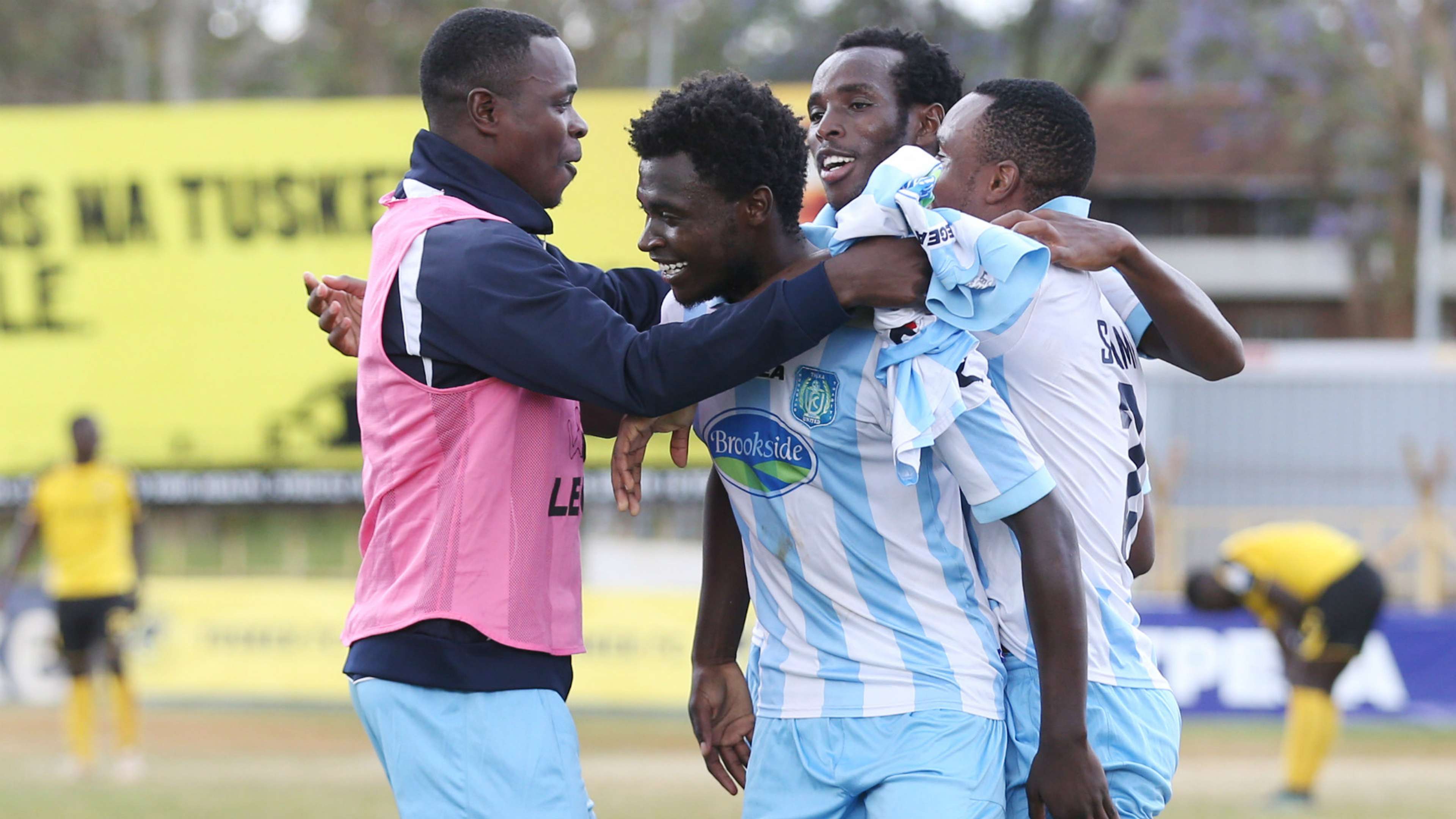 Thika United players celebrates Eugine Mukangula goal.