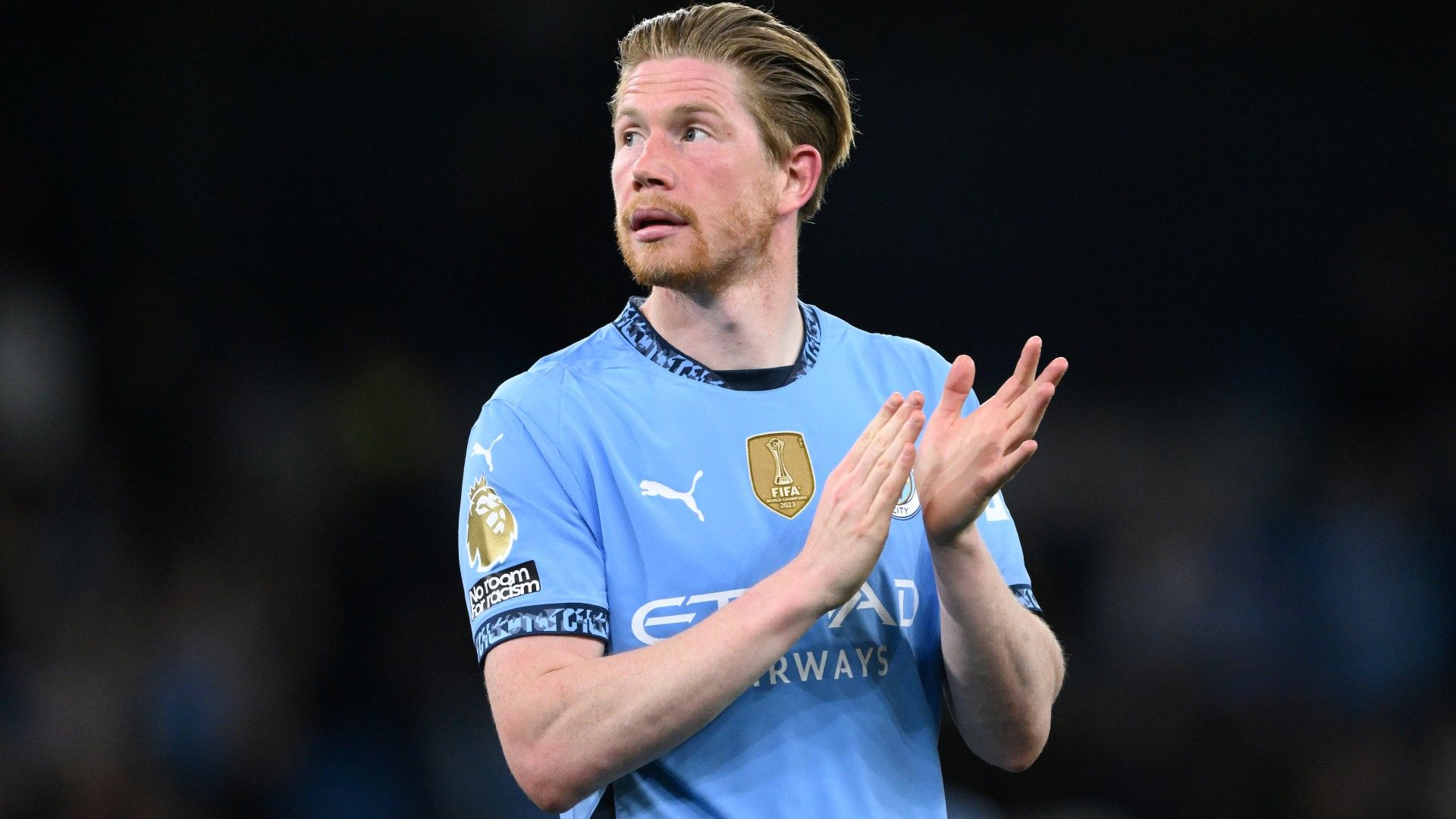 Manchester City captain Kevin De Bruyne applauds the crowd 