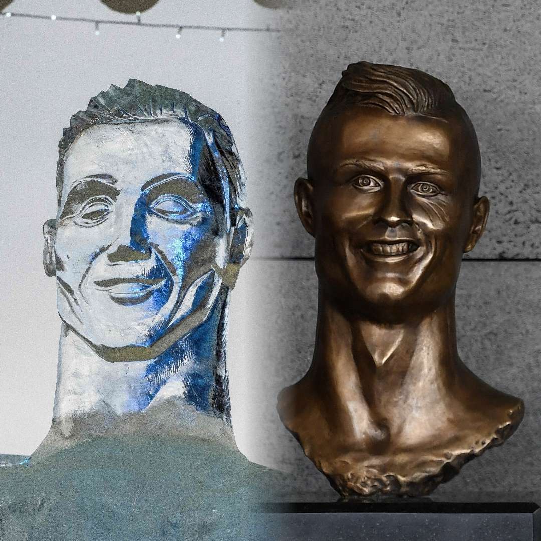 Cristiano Ronaldo ice sculpture vs airport bust