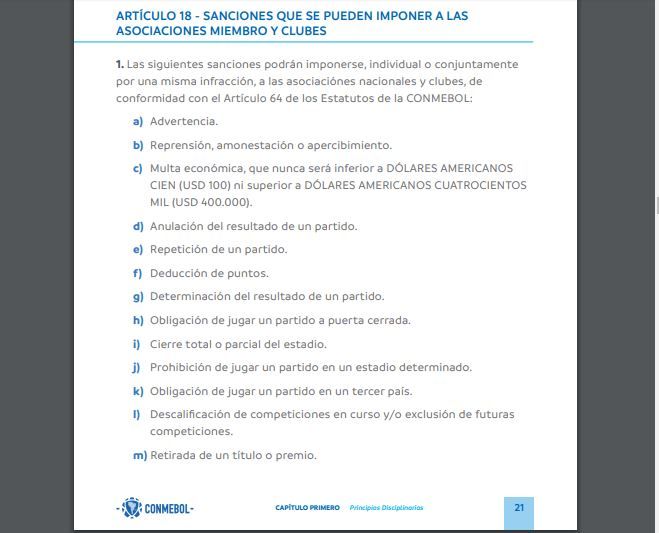 Reglamento Conmebol articulo 18 251118