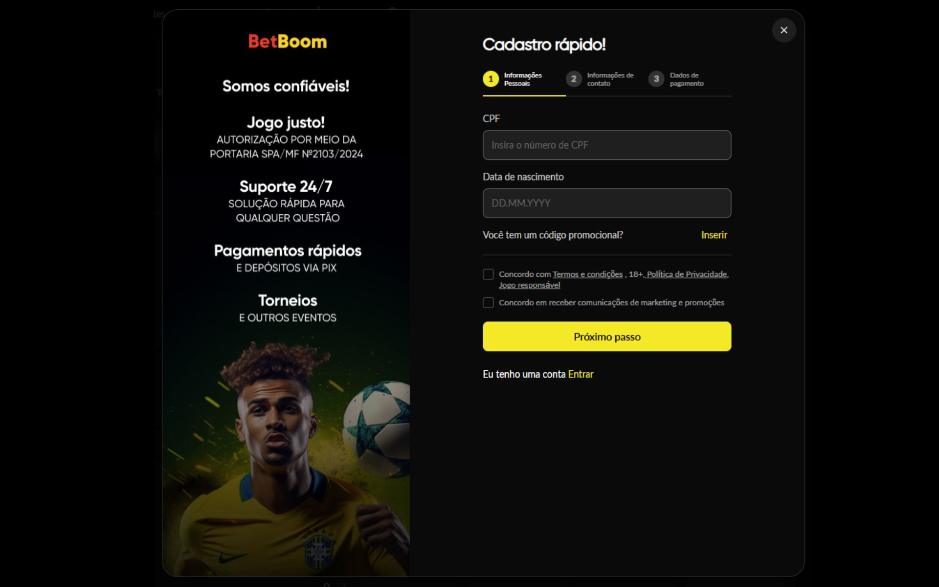 Betboom formulário de cadastro