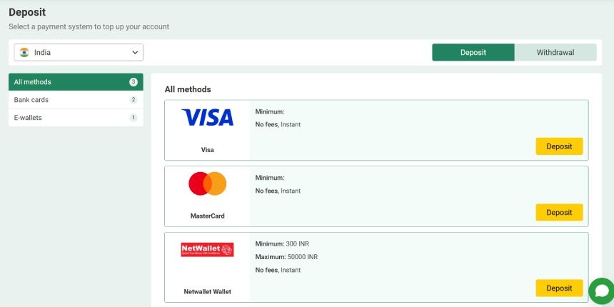 BetWinner IN Payment Options