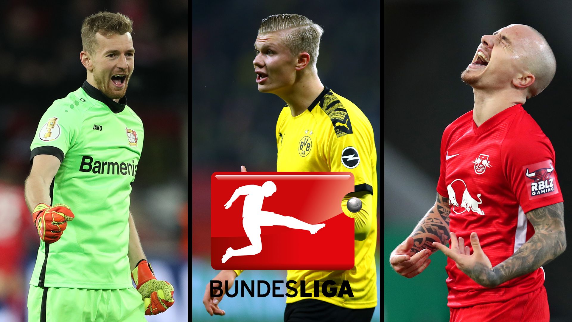 Header Bundesliga Übersicht Lukas Hradecky Erling Braut Haaland Angelino RB Leipzig BVB Bayer Leverkusen getty images 2020 2021 fußball heute live