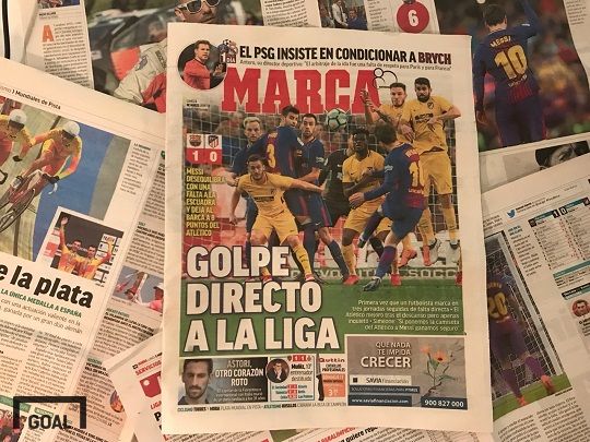 5일(현지시간) 스페인 신문 마르카 1면에 보도된 4일(현지시간) 아틀레티코전에서 나온 메시의 프리킥 골. 사진=골닷컴 이하영 에디터