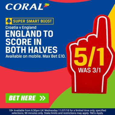 Coral England to score in both halves offer