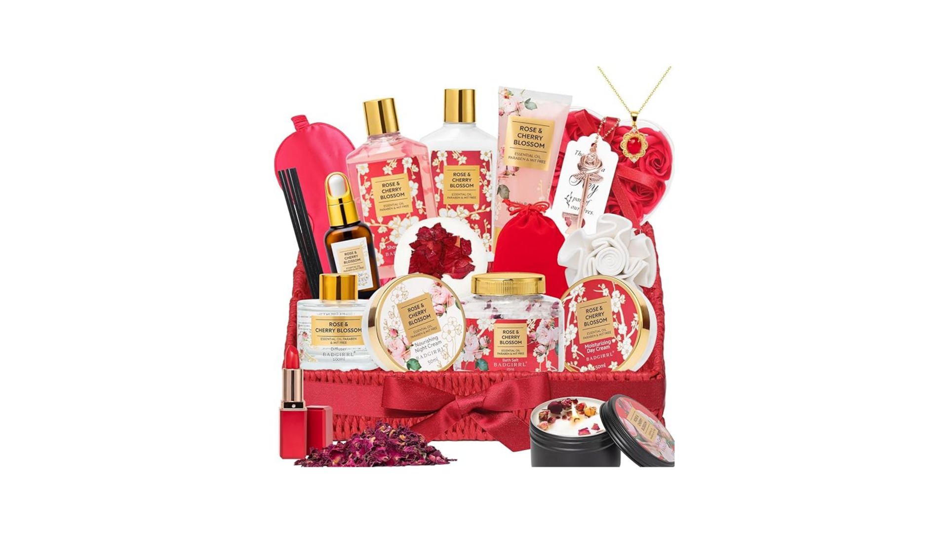 مجموعة هدايا حمام روز تشيري بلوسوم من 26 قطعة، مجموعة هدايا سبا للنساء، مجموعة هدايا للحمام وسلة الجسم لعيد الام وعيد الميلاد وهدايا عيد الميلاد للام والكريسماس للنساء والام