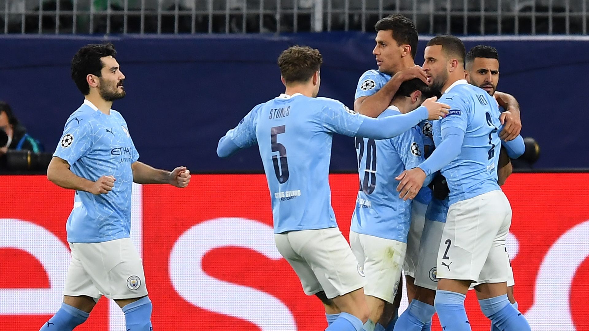 Man City celebrate Mahrez penalty vs Dortmund