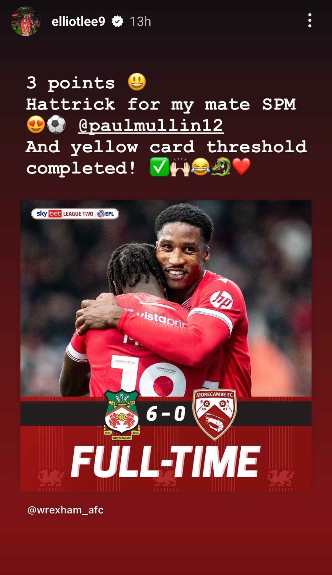 Elliot Lee Wrexham Morecambe 2023 Instagram