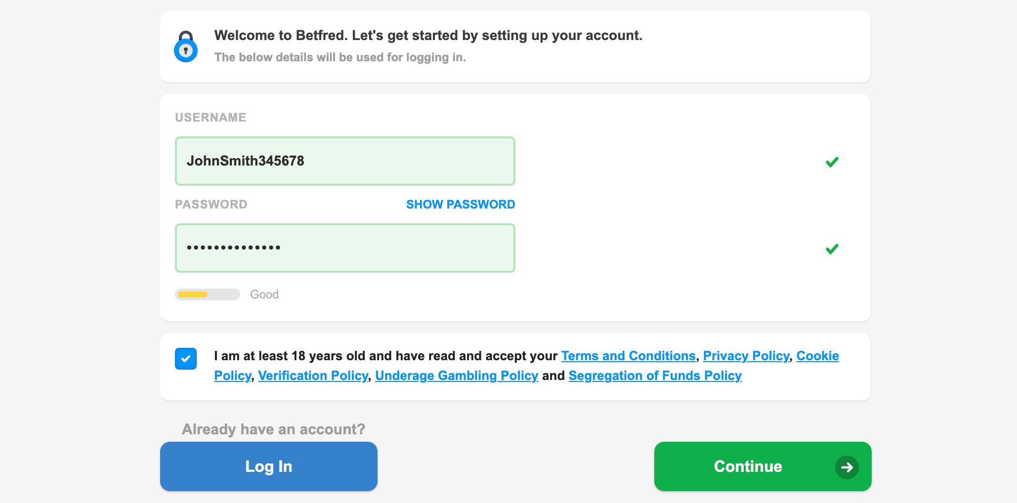 Betfred sign up screen