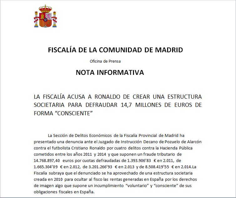 Prosecutor's office report against Cristiano Ronaldo