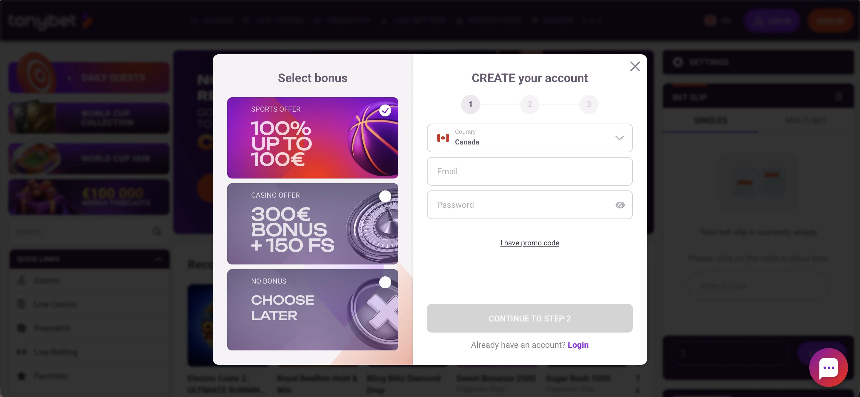 tonybet registration form