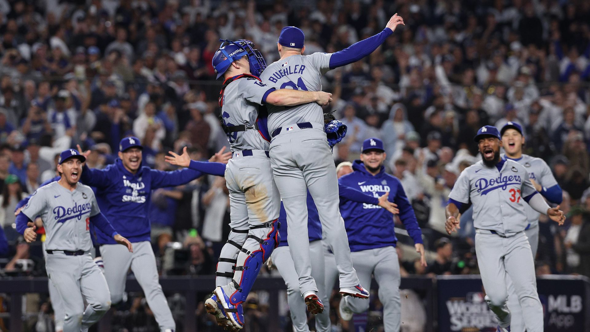 Los Angeles Dodgers celebrate as the they defeat the New York Yankees