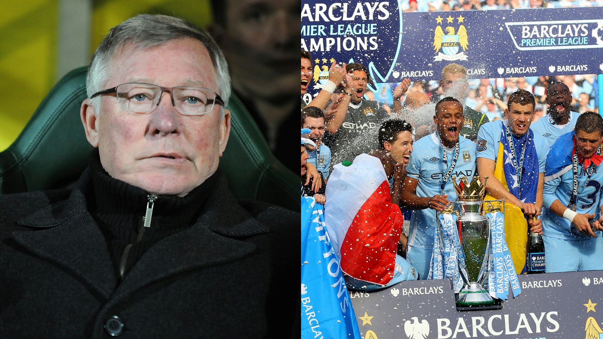 Sir Alex Ferguson Man City Premier League trophy lift