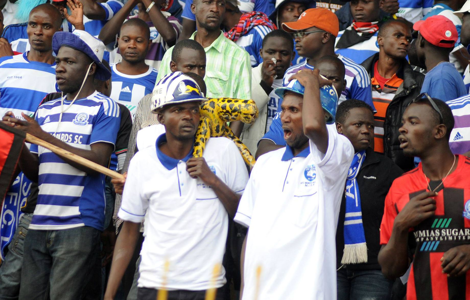 AFC Leopards fans react during their league match against Bandari in Mombasa.
