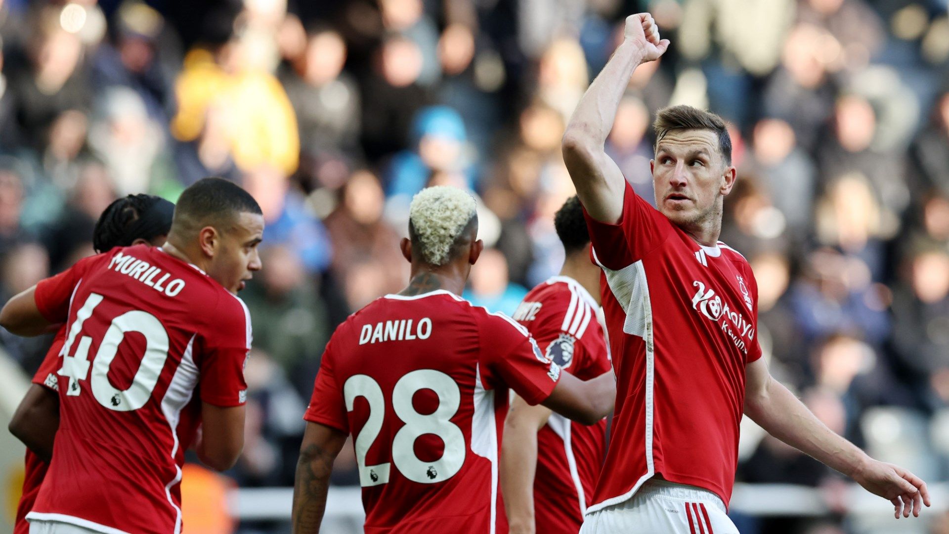 Nottingham Forest celebrating Chris Wood goal against Newcastle 2023-24