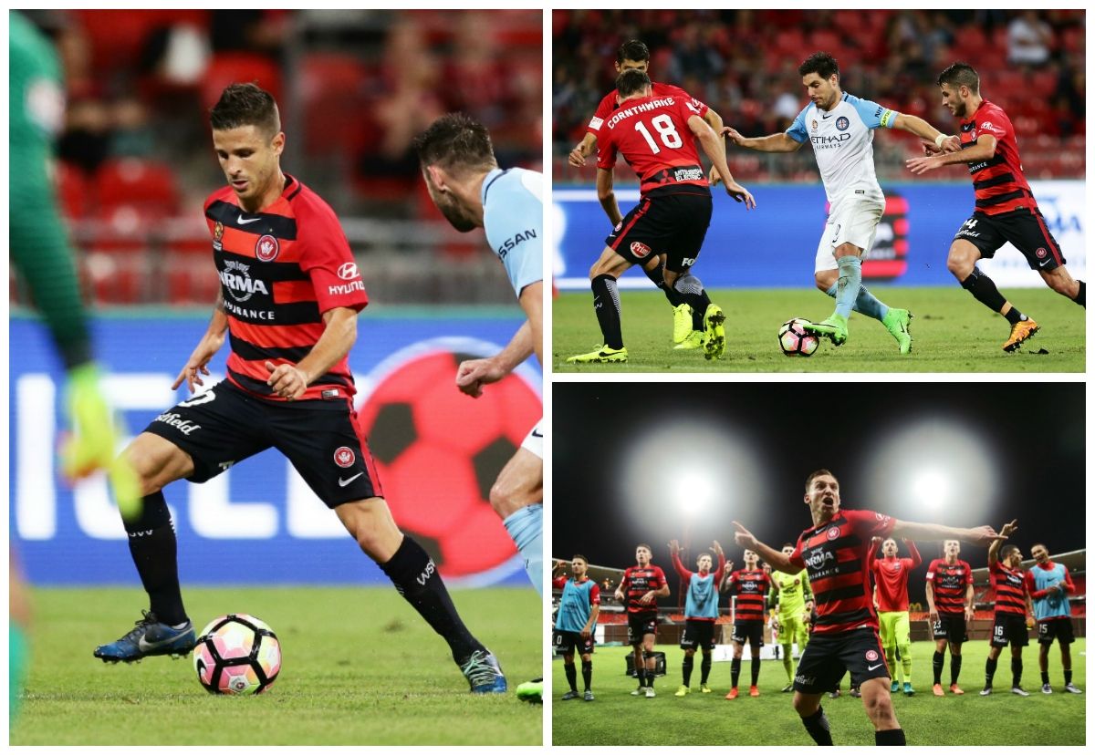 Nicolas Martinez Bruno Fornaroli Brendon Santalab Western Sydney Wanderers v Melbourne City A-League 24032017