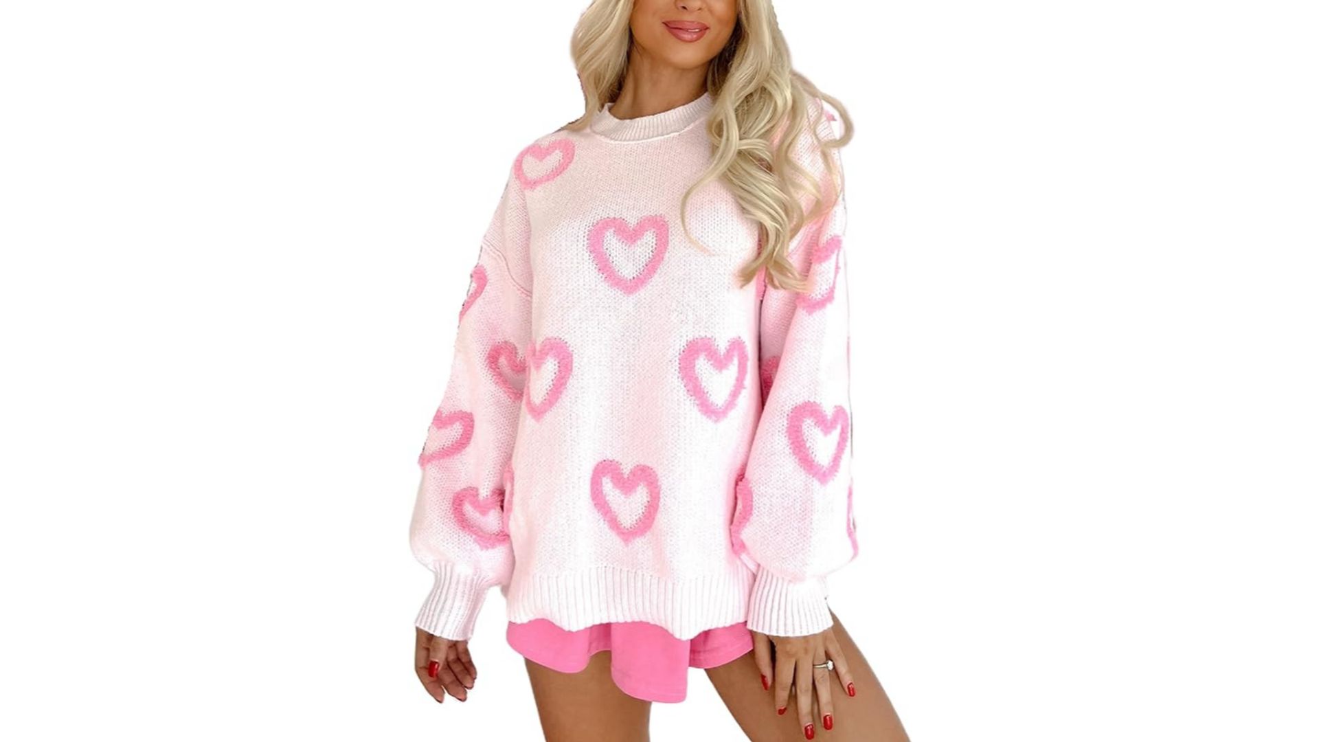 سويتر محبوك كاجوال برقبة دائرية ضيقة واكمام طويلة للنساء مطبوع عليه قلب لطيف لعيد الحب