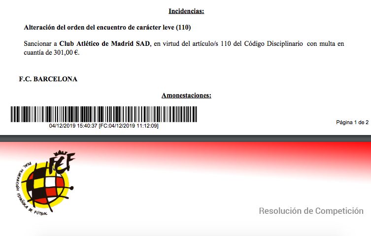 Sanción al Atlético